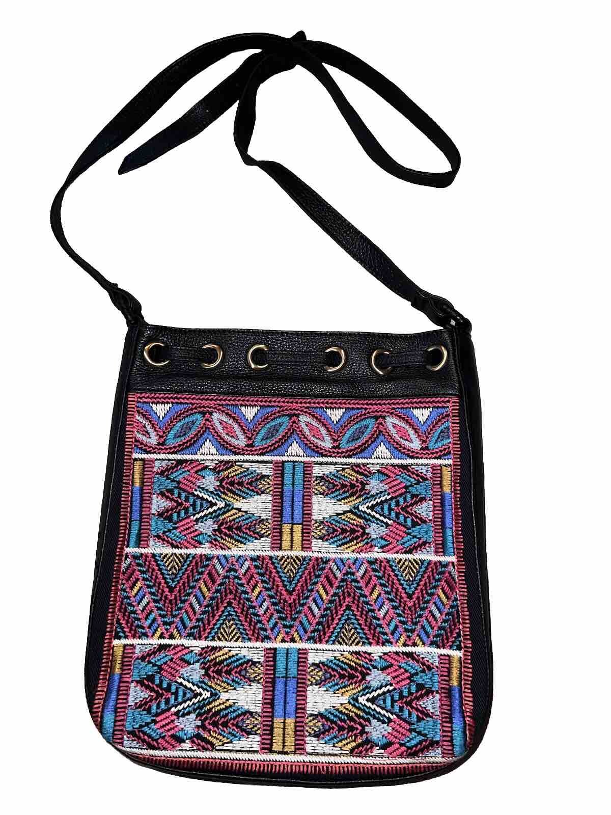 Johnny Was Black Leather Crossbody Purse Tote Bag Beautiful Embroidery Johnny Was