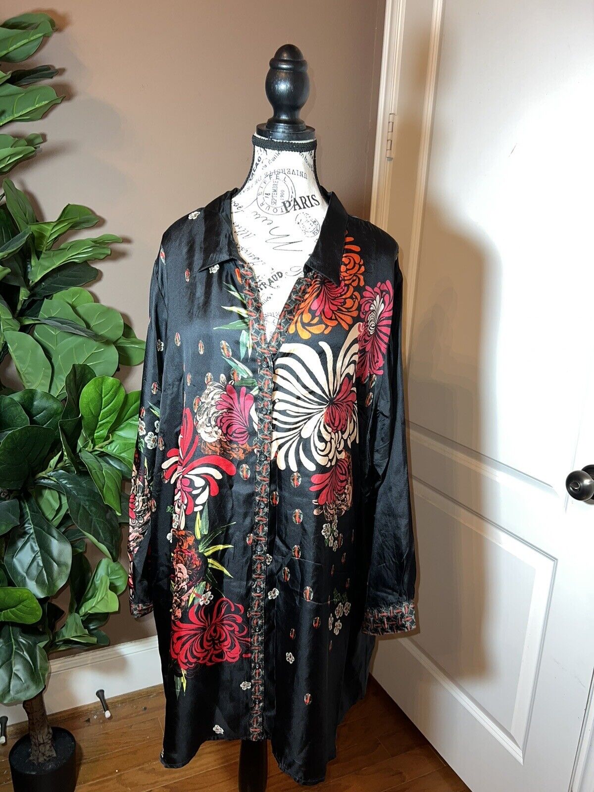 Johnny Was 100% Silk Black Floral Pattern Tunic Top Mini Shirt Dress 2X  XXL