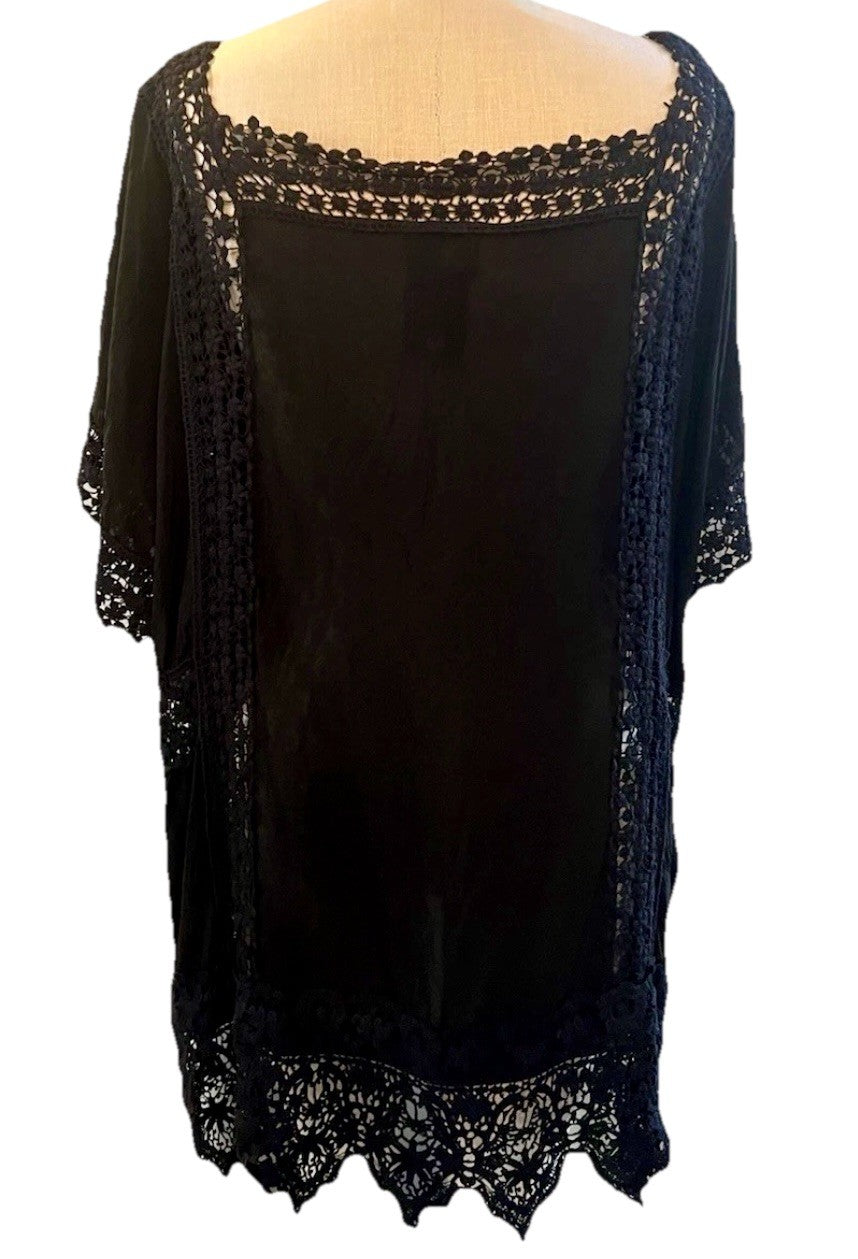 Johnny Was 3x 3XL Tunic Top Black Silky Shirt Embroidered Blouse Lightweight Johnny Was