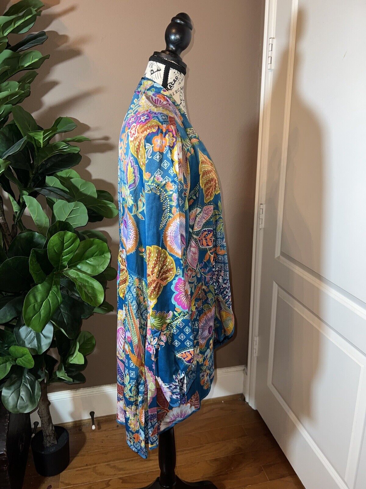 Johnny Was Duster Kimono REVERSIBLE XL 1X   Teal Blue & Wine Red Florals