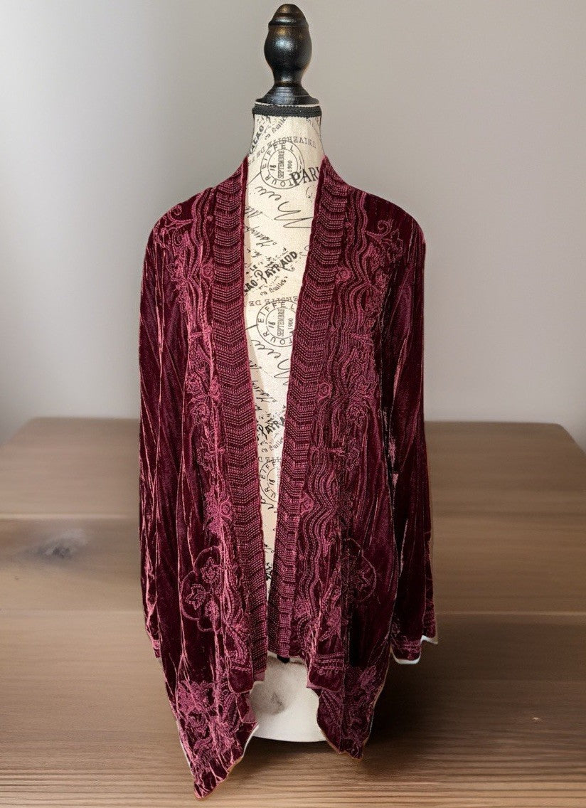 Johnny Was L Large Deep Wine Red Velvet Kimono Wrap Cardigan Tonal Embroidery Johnny Was