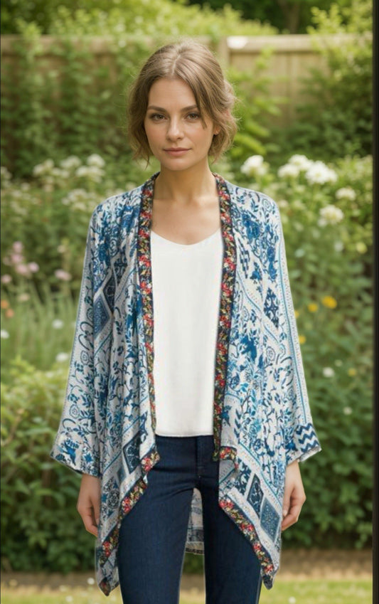 Johnny Was L Large Silky Kimono Blue & White Flowy Lightweight Cool BOHO Jacket Johnny Was