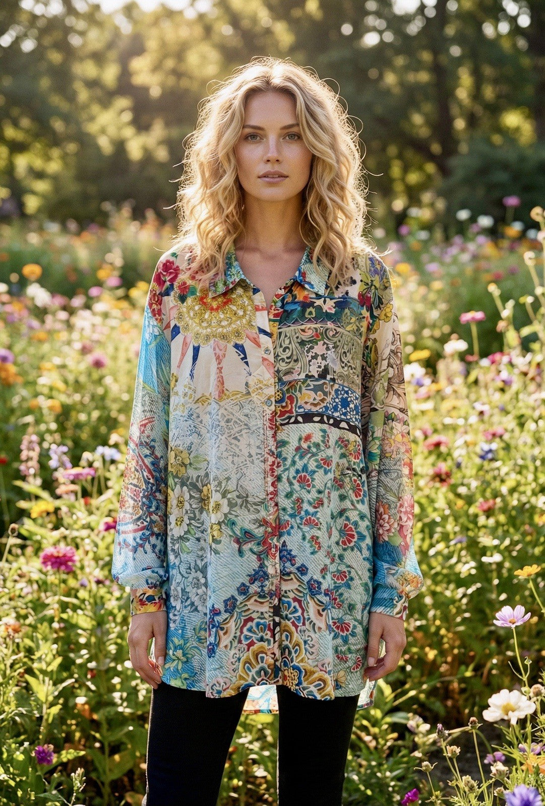 Johnny Was 3X 3XL 100% Silk Button Up Tunic Top Blouse Shirt Kimono L/S Johnny Was