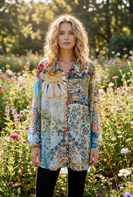 Johnny Was 3X 3XL 100% Silk Button Up Tunic Top Blouse Shirt Kimono L/S Johnny Was