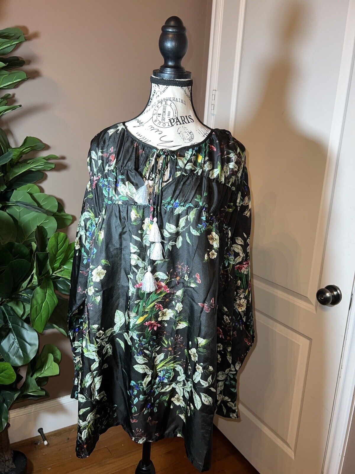 Johnny Was 100% Silk Black Floral Tunic Top Kimono 2X 2XL XXL  Butterfly