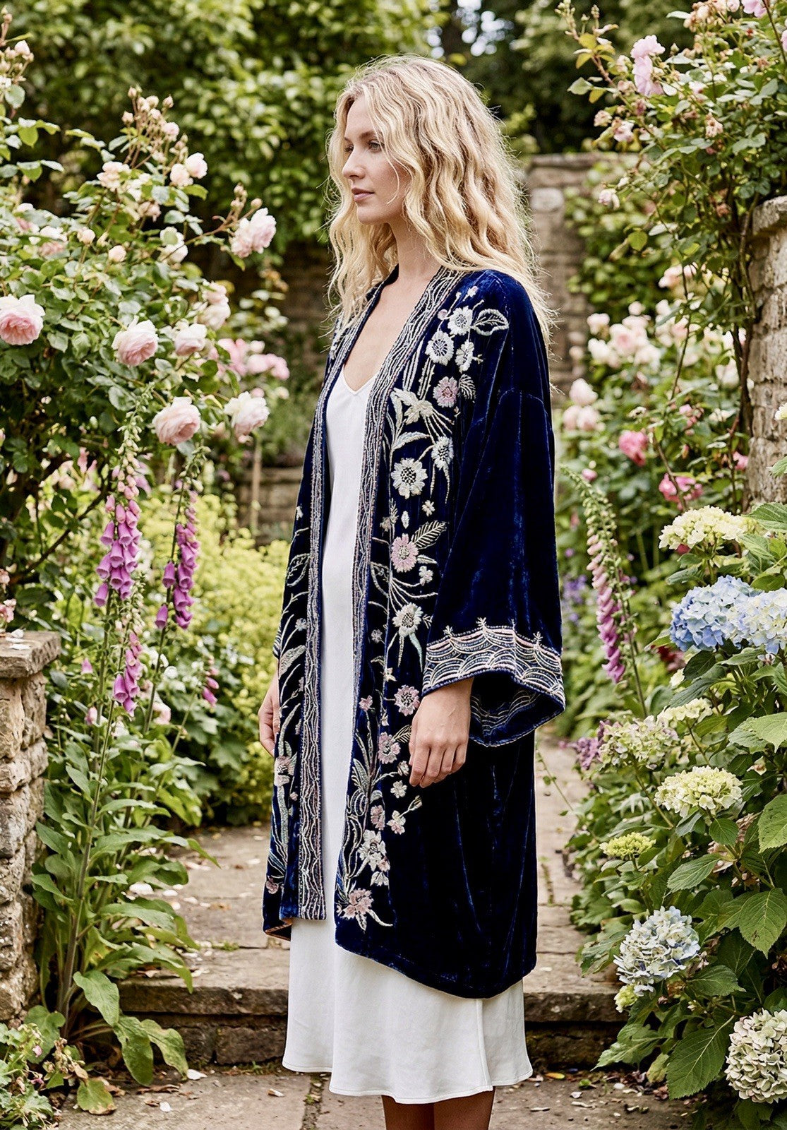 Johnny Was 2X / 3X Blue Velvet Kimono Wrap Jacket Duster BOHO Oversized 30”PTP Johnny Was