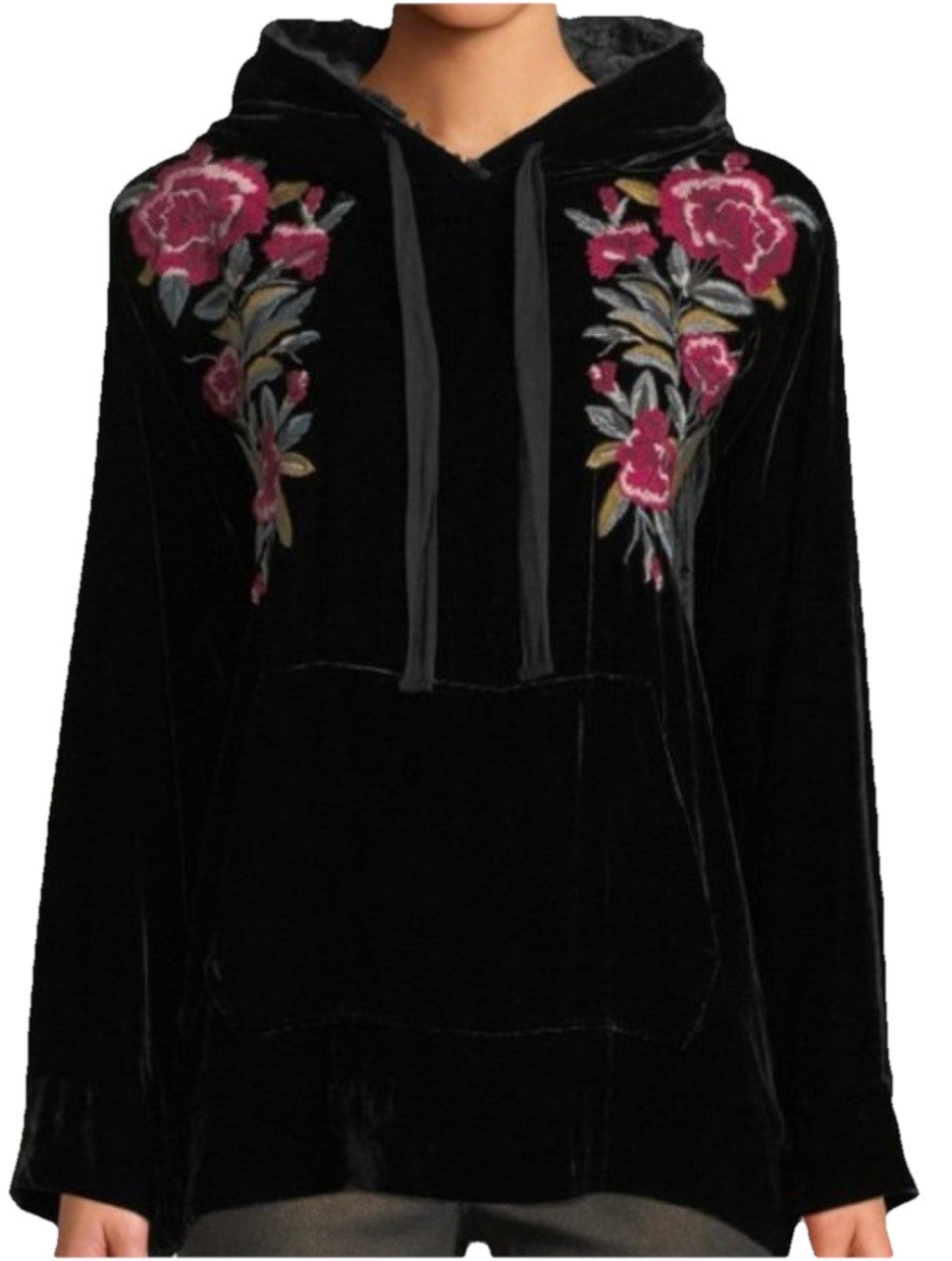 Johnny Was 1X Plus Black Velvet & Fur Hoodie Pullover Top Tunic Embroidered Johnny Was