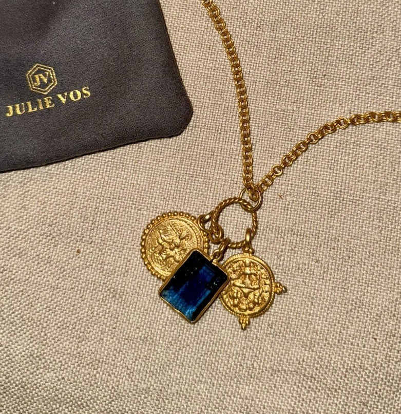 Julie Vos Necklace Sapphire Blue Glass & Gold Coin Pendant 24k Plated RETIRED Julie Vos