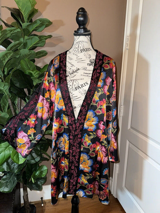 Johnny Was 100% Silk Kimono XL 1X 1XL Embroidered Jewel Tone STUNNING