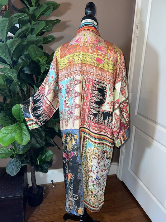 Johnny Was 100% Silk Long Kimono Wrap PL Petite Large REVERSIBLE Duster