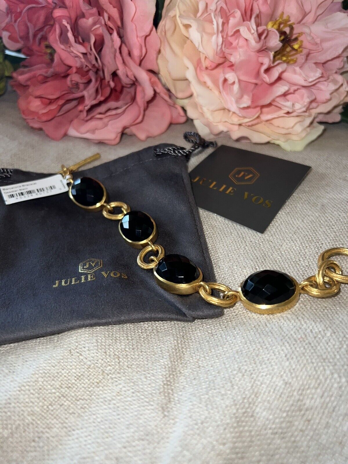 Julie Vos 8” Black Obsidian Link Bracelet Adjustable Toggle