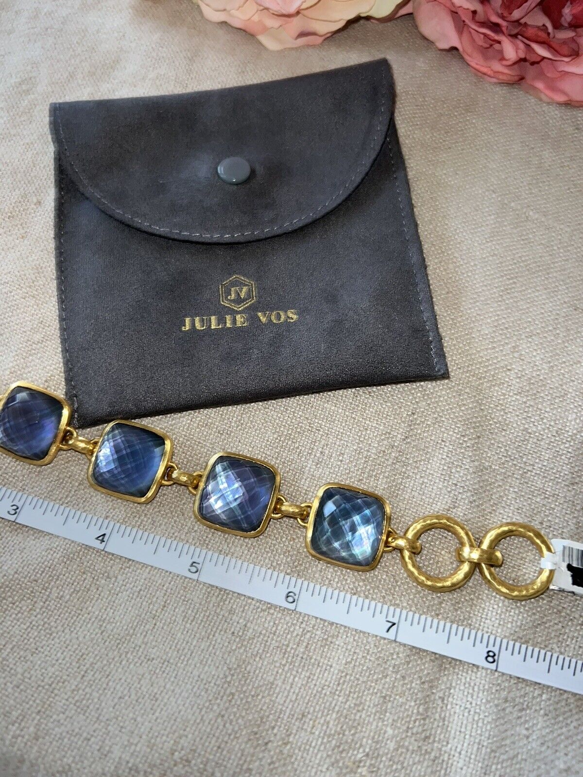 Julie Vos 8” Large Size Deep Blue 24k Plated Link Bracelet Adjustable Toggle