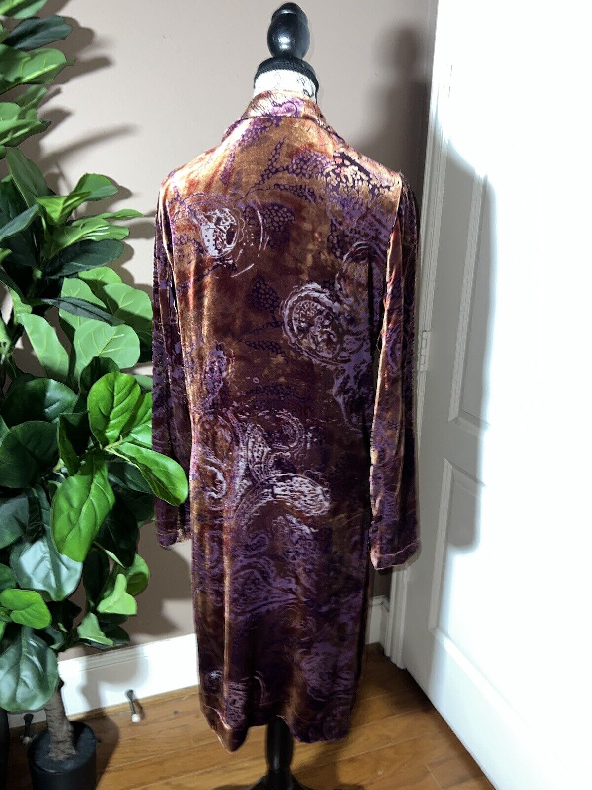 Johnny Was Large Burnout Velvet Long Kimono Duster Wrap Burgundy Wine Jacket