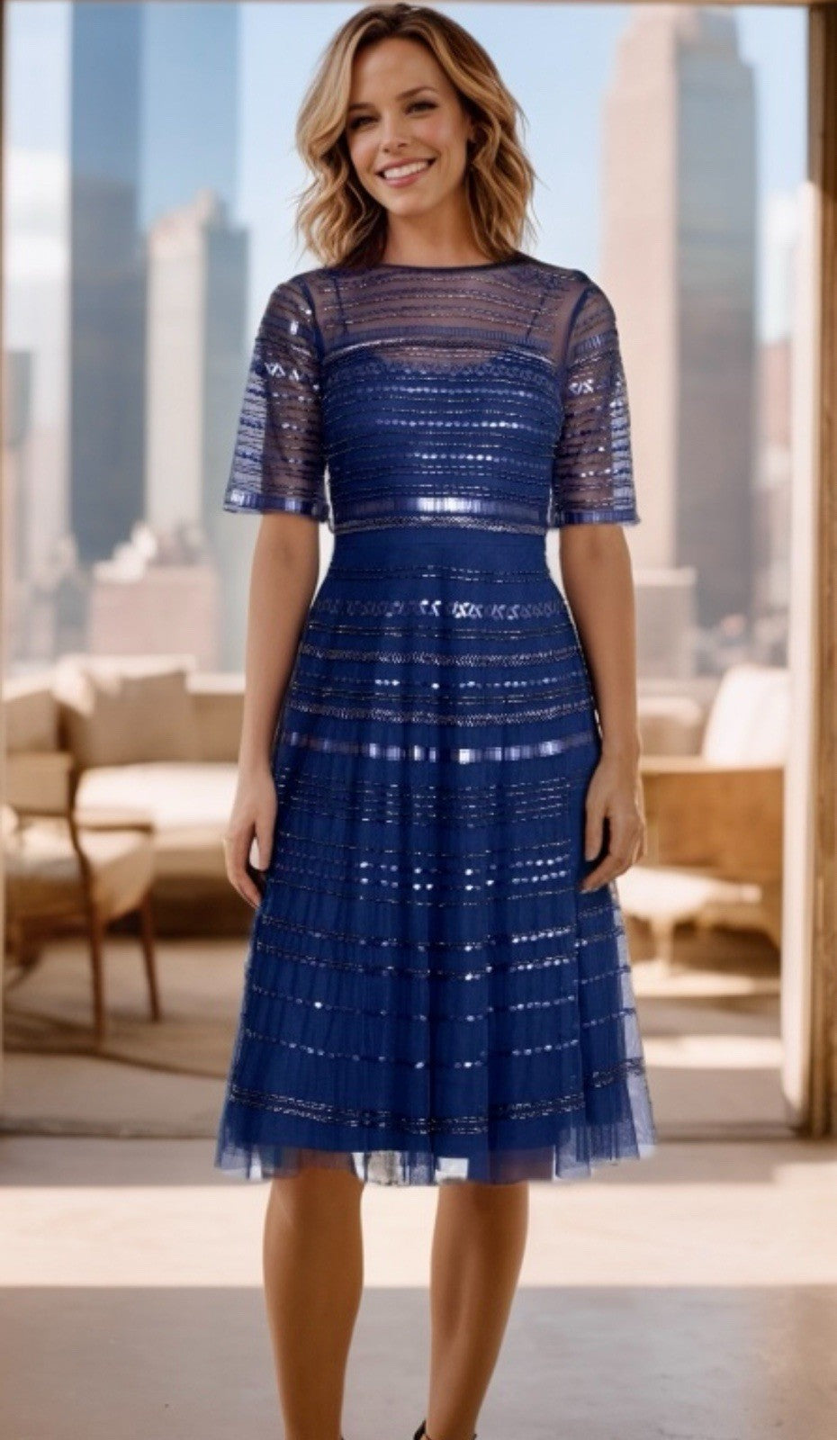 Johnny Was Sz 14 Blue Beaded Mesh Cocktail Party Dress $625 Retail Blk Label Johnny Was