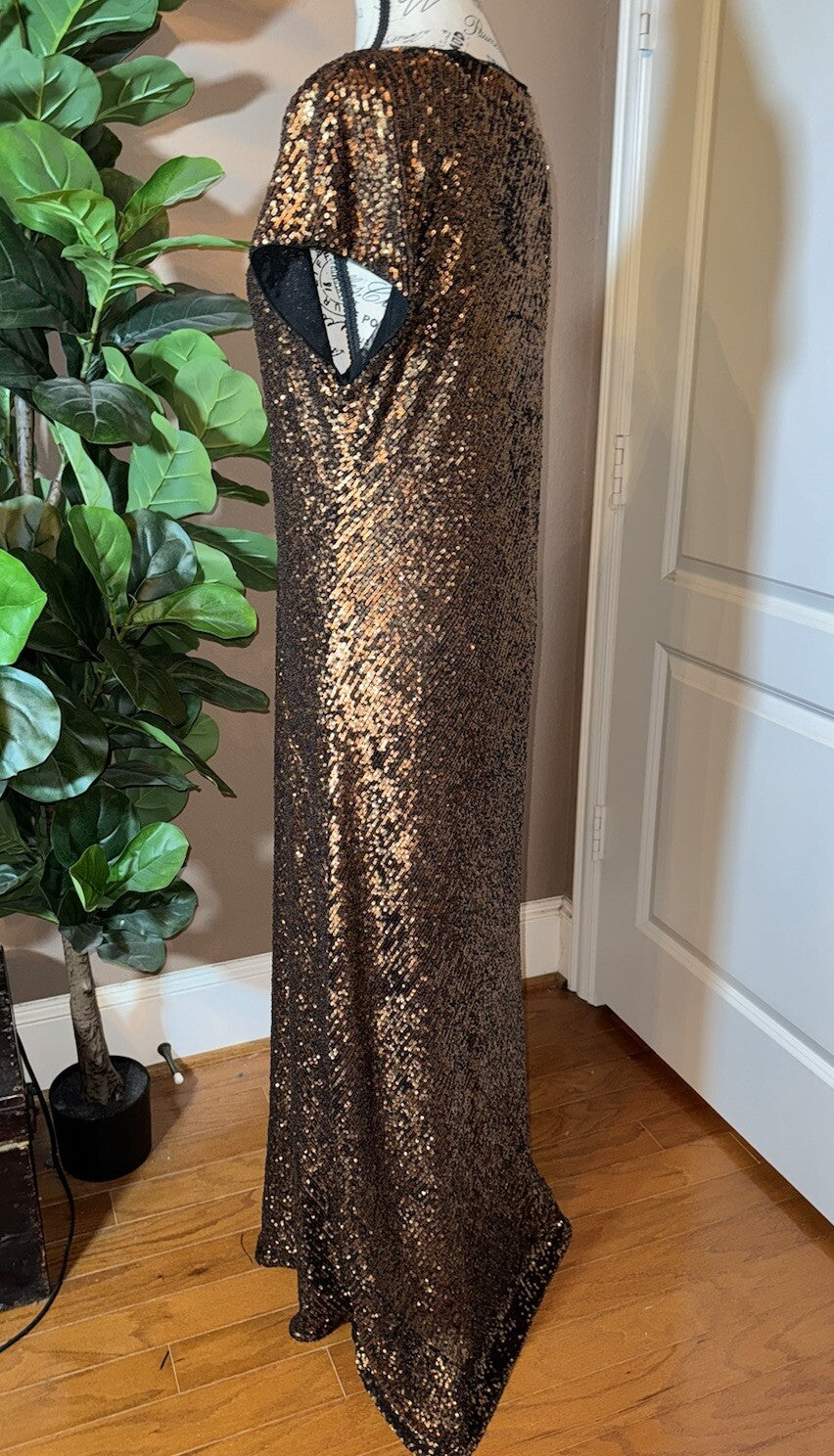 Johnny Was Gold L Large Sequin Maxi Dress Long Flowy Mesh Slip Sequins Party Johnny Was
