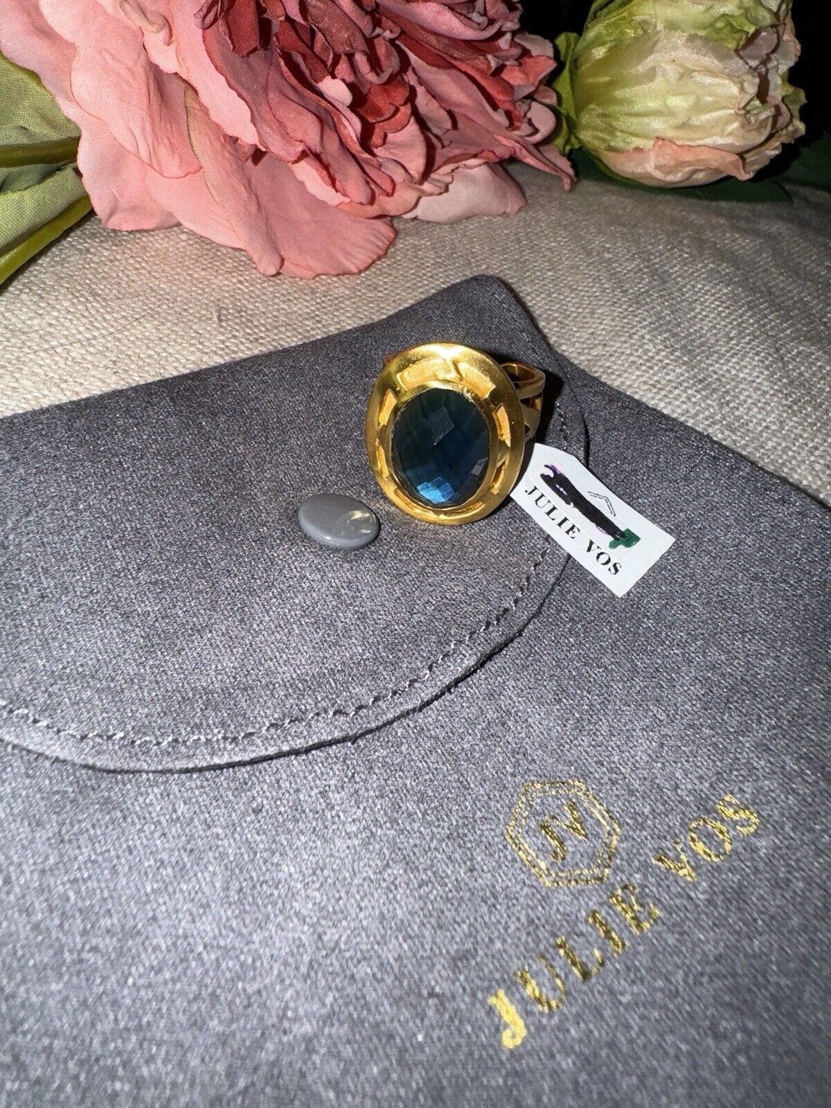 NEW Julie Vos Ring Deep Ocean Blue & 24k Gold Plated Sz 8 ADJUSTABLE NWT RARE