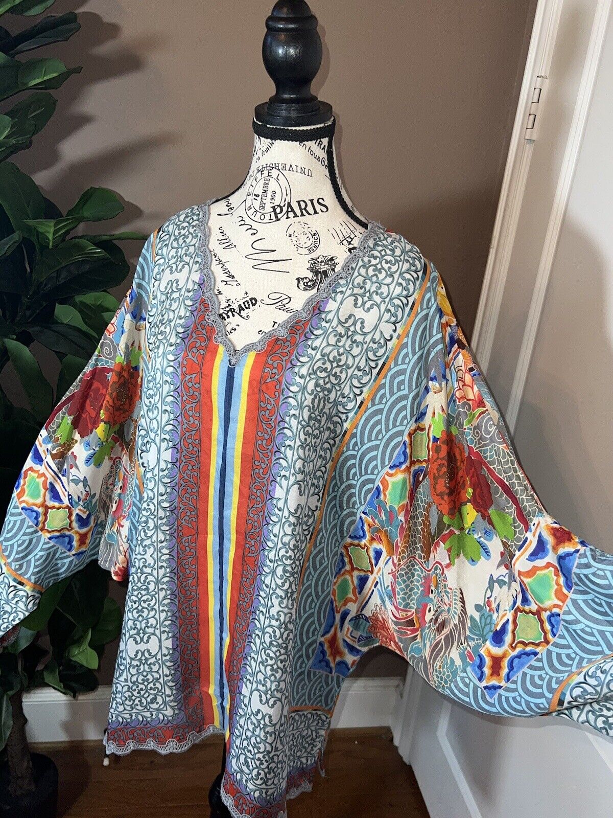 Johnny Was 100% Silk Long Sleeve Tunic Top Dragon Blouse Kimono XL 1XL