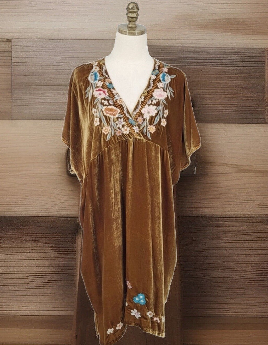 Johnny Was L Golden Velvet Embroidered Mini Dress Tunic Shift Top Babydoll LUXE Johnny Was