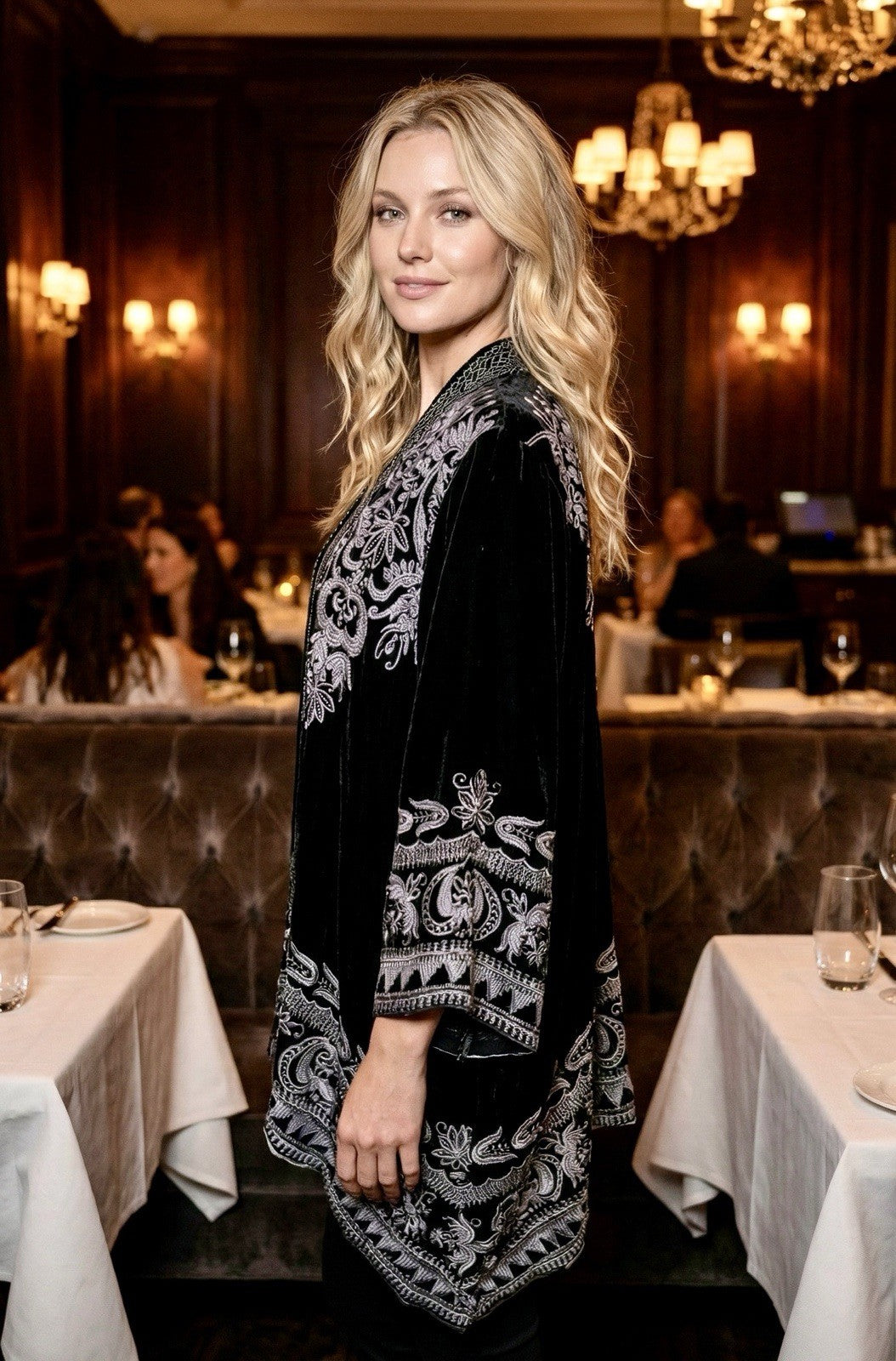 Johnny Was XL Black Velvet Kimono Duster  Cardigan Embroidery Handkerchief Hem Johnny Was