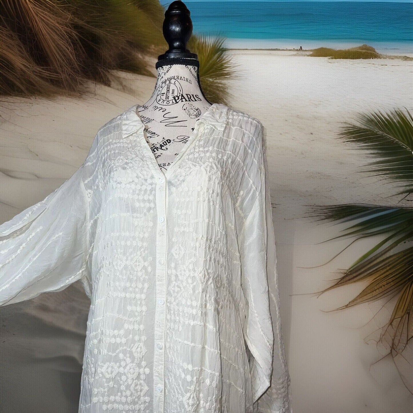 Johnny Was Ivory Silky Embroidery & Lace Kimono Dress Beach Wedding  Sz 2XL 2X