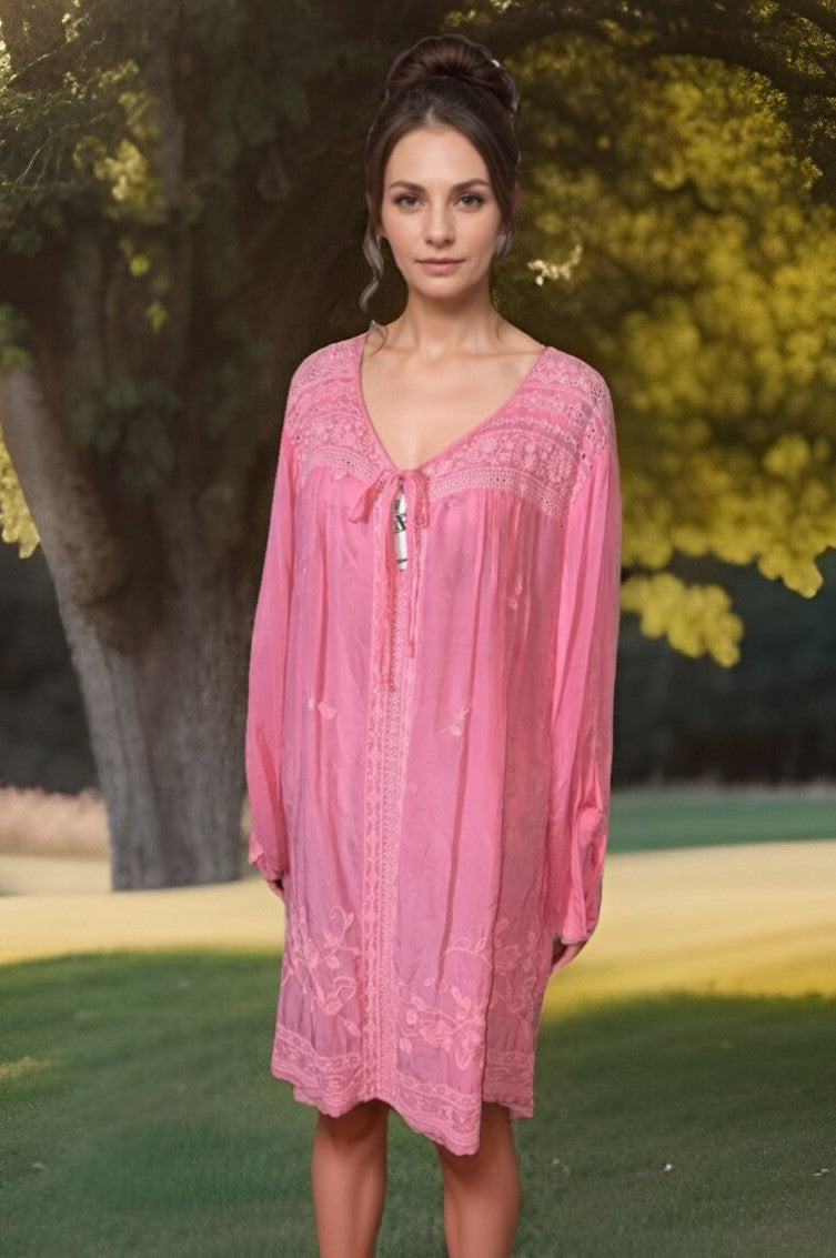 Johnny Was 2X Embroidered Tunic Top Pink Eyelet Lace Peasant Blouse Mini Dress Johnny Was