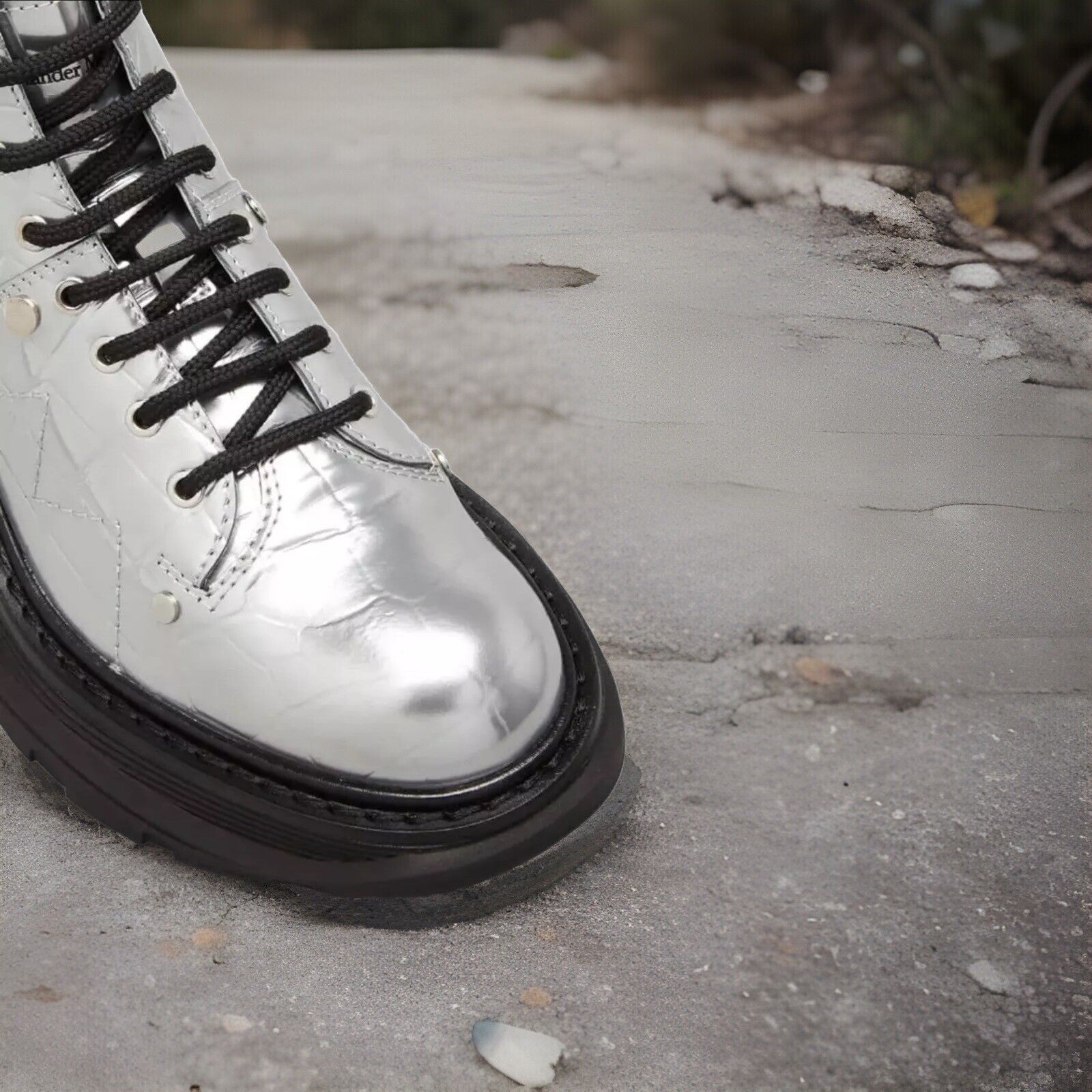 Alexander McQueen Patent Animal Print Combat Boots Silver 39.5 $1050 Retail Alexander McQueen