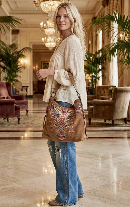 Johnny Was Brown Suede Leather Purse Tote Shoulder Bag Hobo Embroidered Johnny Was