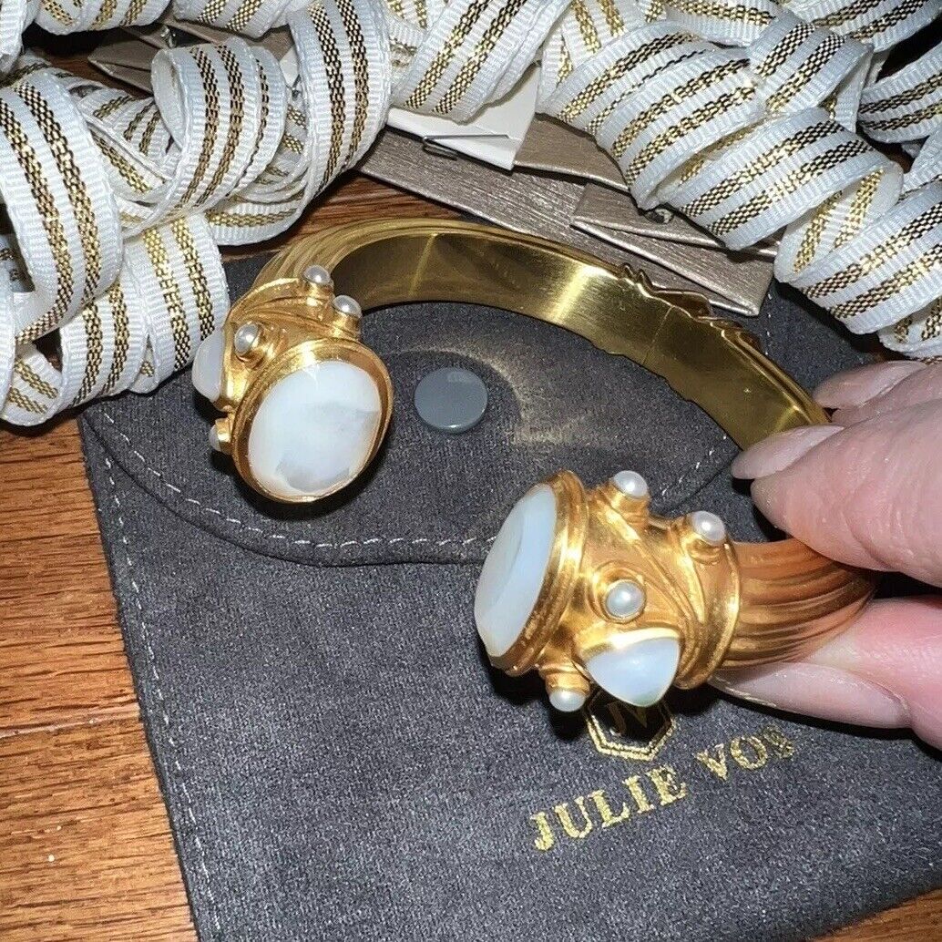 Julie Vos Hinged Bangle Cuff Bracelet 24k Gold Plate & Creamy White