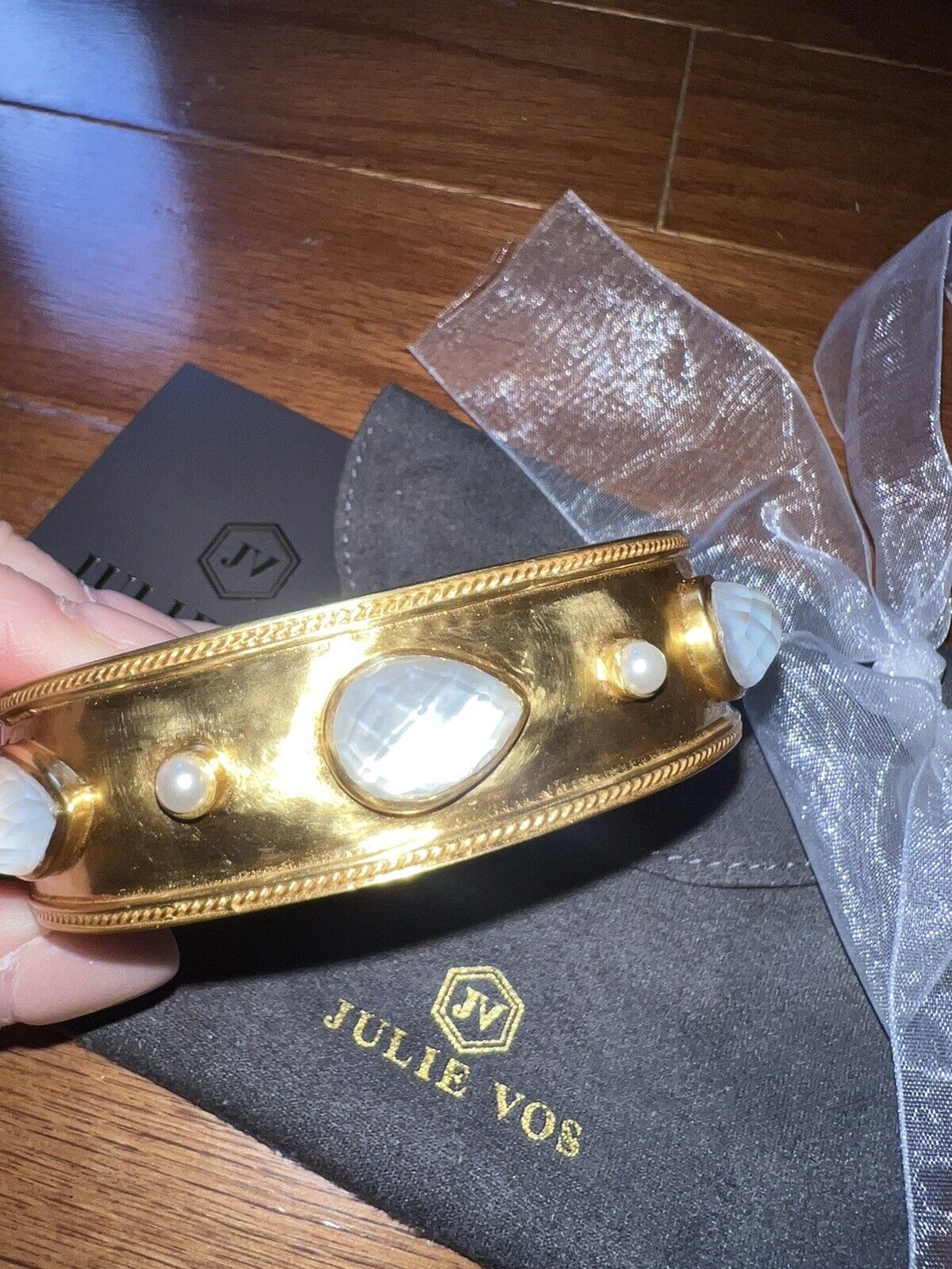 NEW Julie Vos Large Hinged Bangle Cuff Bracelet 24k Gold Plate & Iridescent NWT