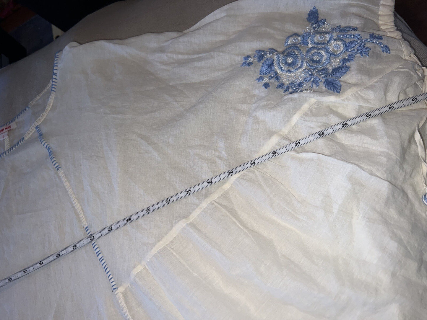 Johnny Was L Large White & Blue Cotton Poncho Peasant Top Tassels Beading Cool Johnny Was