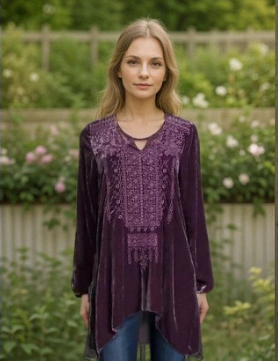 Johnny Was XL 1X Purple Plum Velvet Tunic Top Mini Dress Tonal Embroidery