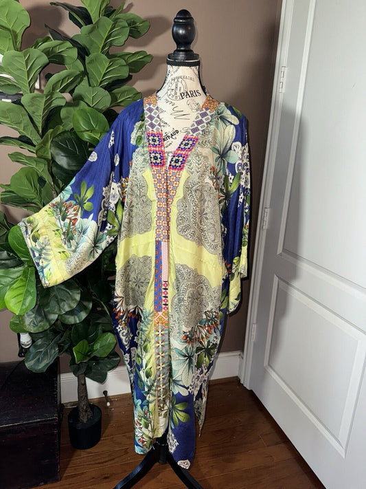 Johnny Was L Large 100% Silk Long Kimono Wrap Floral Duster Wrap Robe