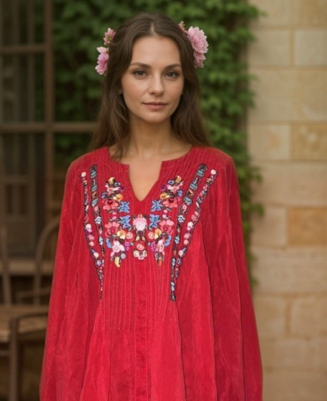 Johnny Was 1X Peasant Top Blouse Red Silky Lightweight Cool Embroidered Tunic Johnny Was