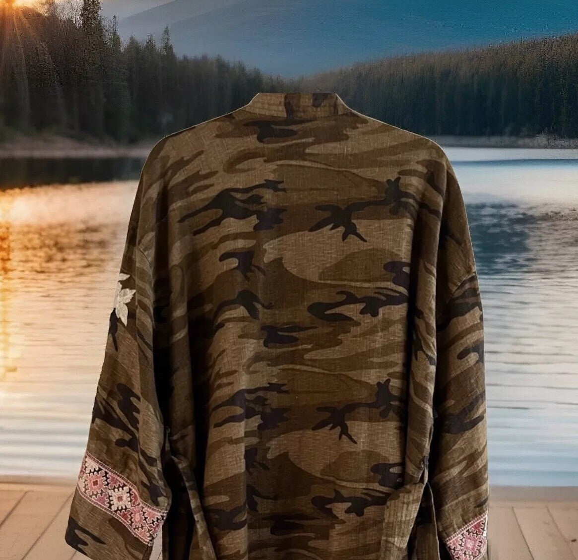 Johnny Was XL Linen Camo Embroidered Kimono Top Wrap Jacket Coat *NO BELT Johnny Was