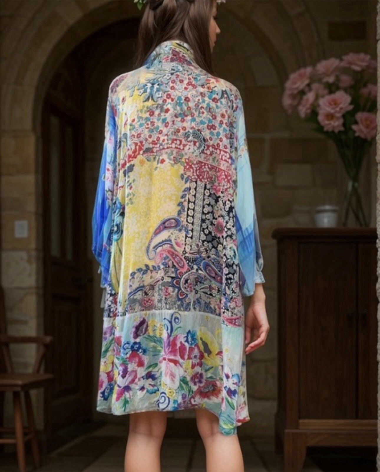 Johnny Was L 100% Silk Kimono Top Wrap Jacket Lightweight Cool Summer BOHO Johnny Was