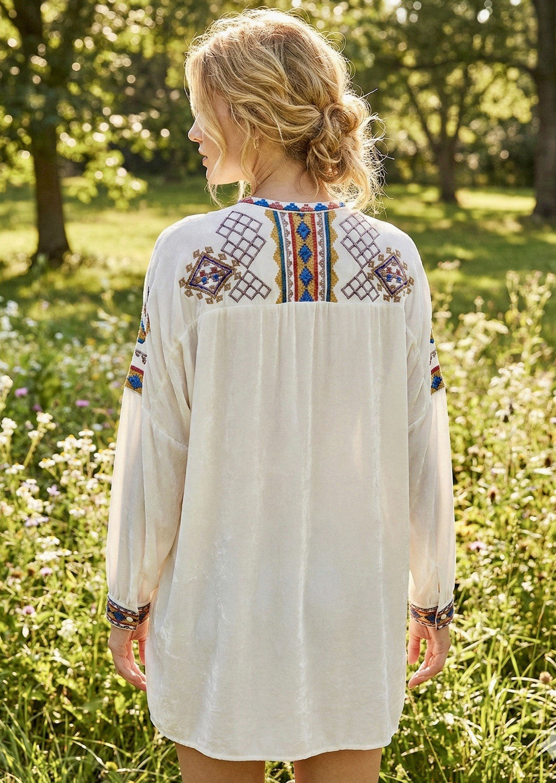 Johnny Was L Large Cream White Velvet Peasant Tunic Top Blouse Embroidered Johnny Was