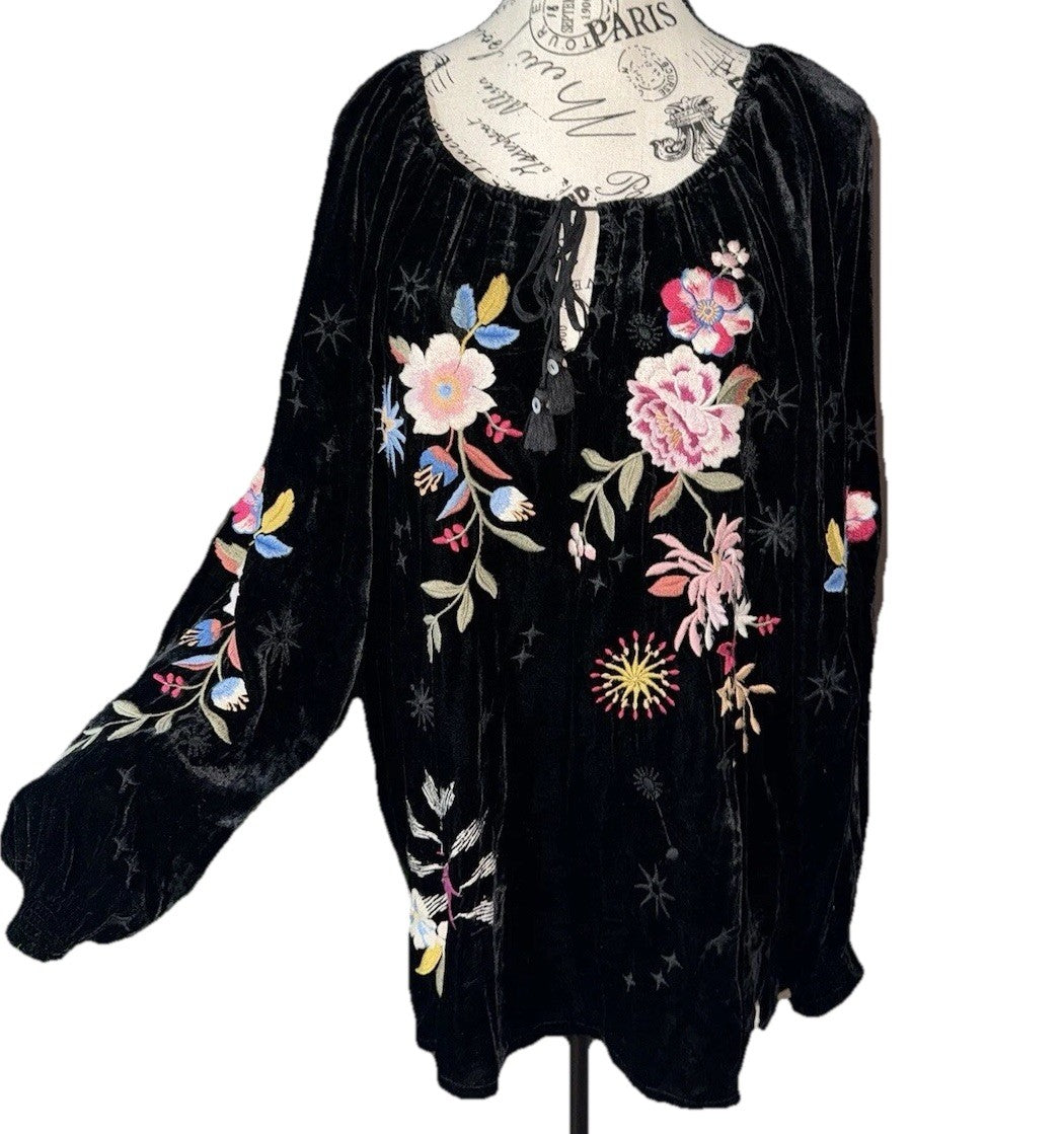 Johnny Was L Black Velvet Peasant Top Tunic Blouse Shirt Embroidered Roses Stars Johnny Was