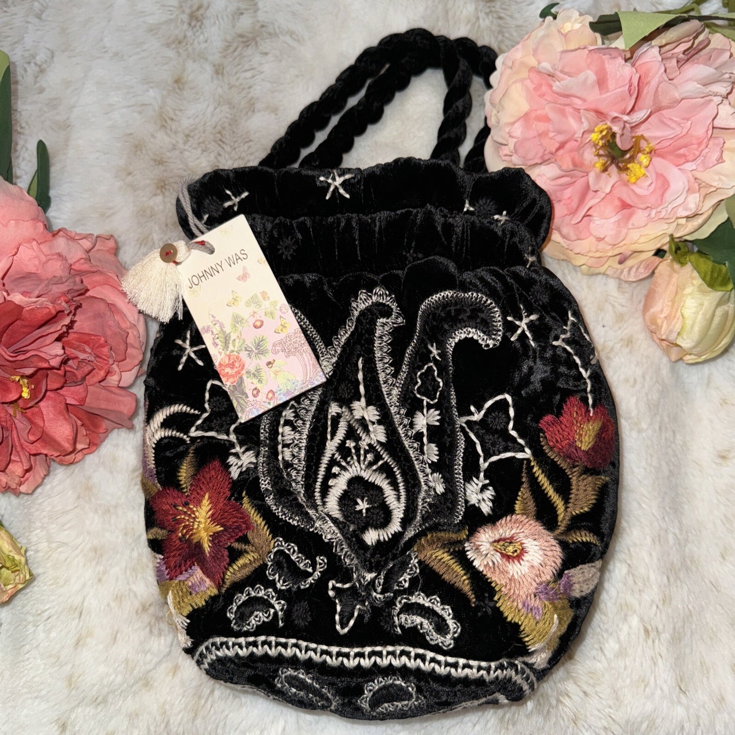 Johnny Was Black Velvet Embroidered Hobo Bag Tote Purse Pink Roses & Paisley Johnny Was