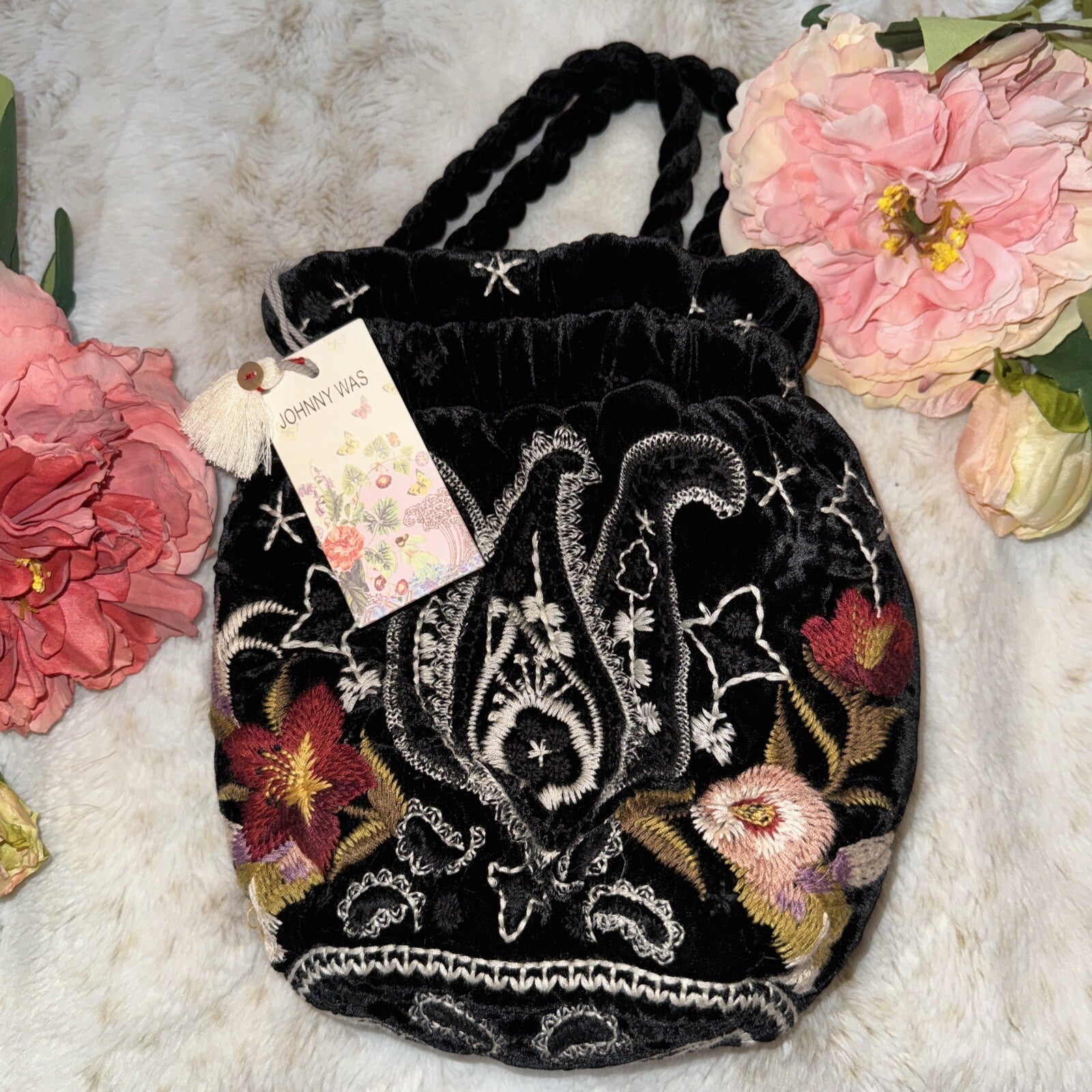 Johnny Was Black Velvet Embroidered Hobo Bag Tote Purse Pink Roses & Paisley Johnny Was