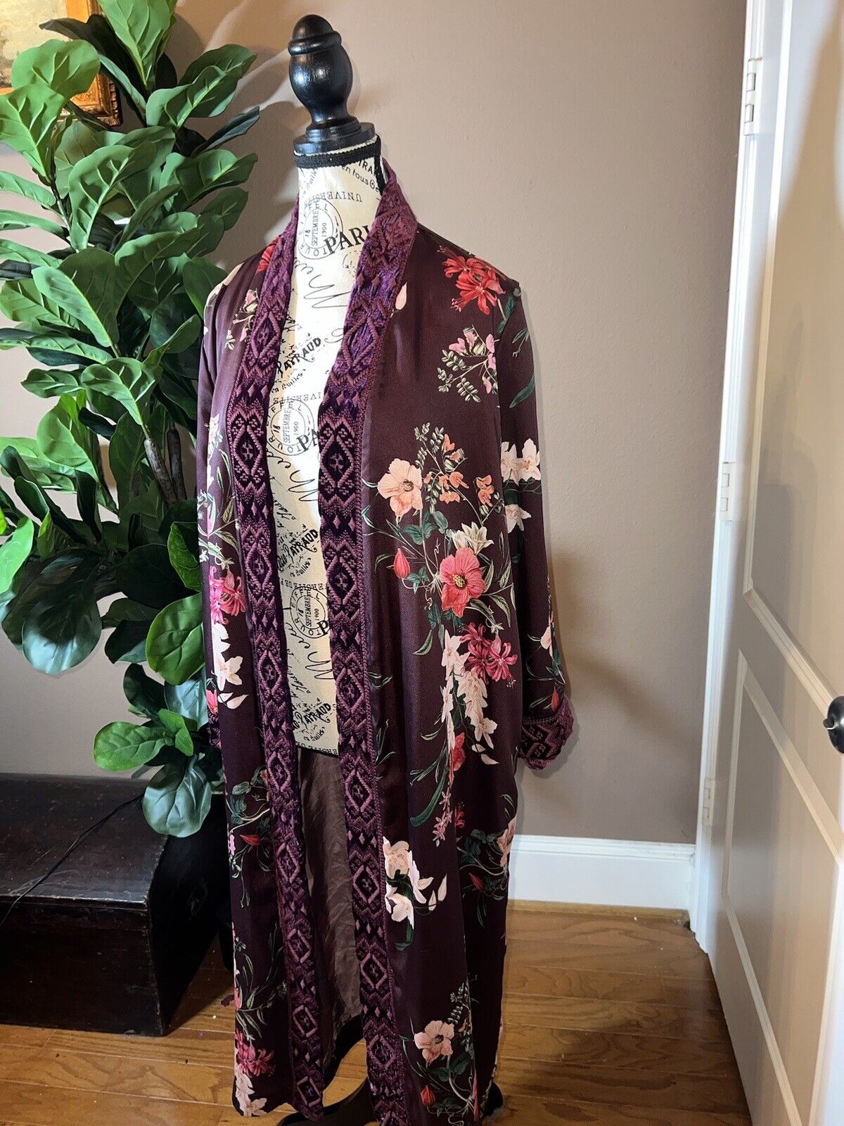 Johnny Was Silk Lined Long Kimono Duster Wrap XL 1X 1XL Velvet Trim Pockets