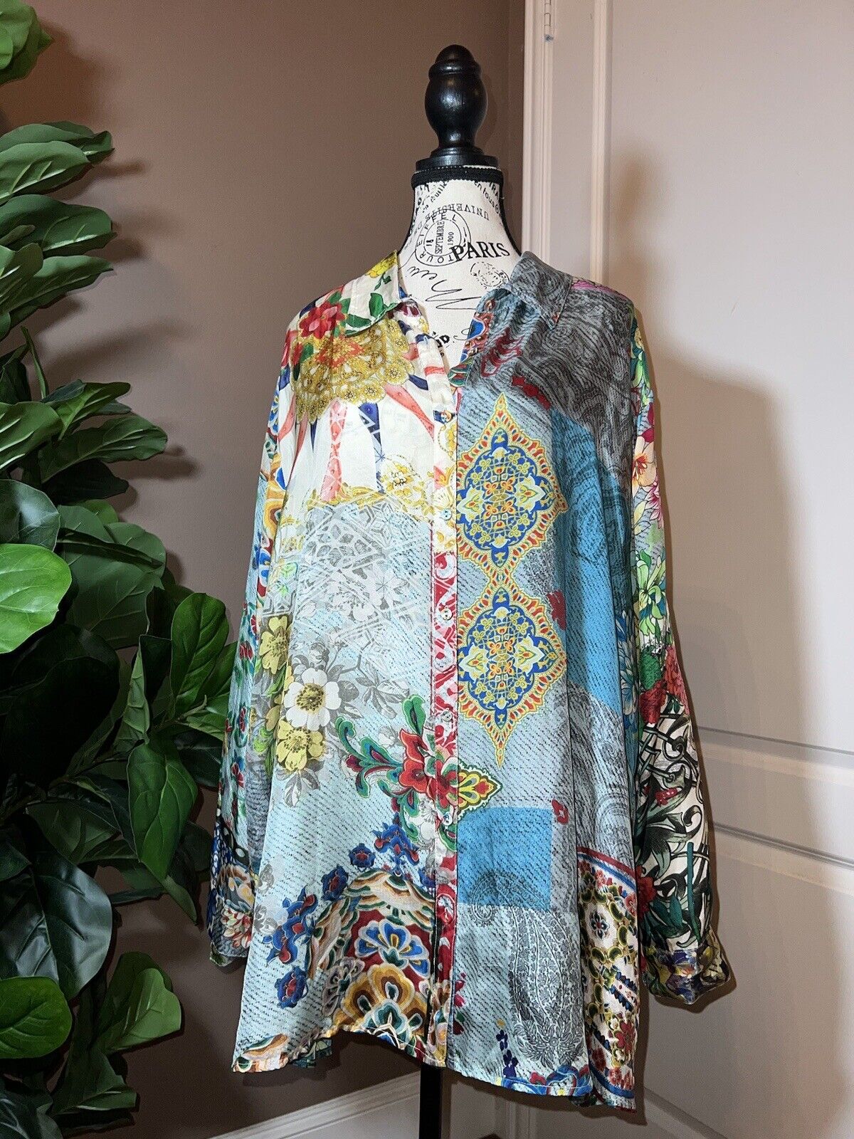 Johnny Was 100% Silk Long Sleeve Tunic Top Button Up Blouse Kimono Sz 1X 1XL XL