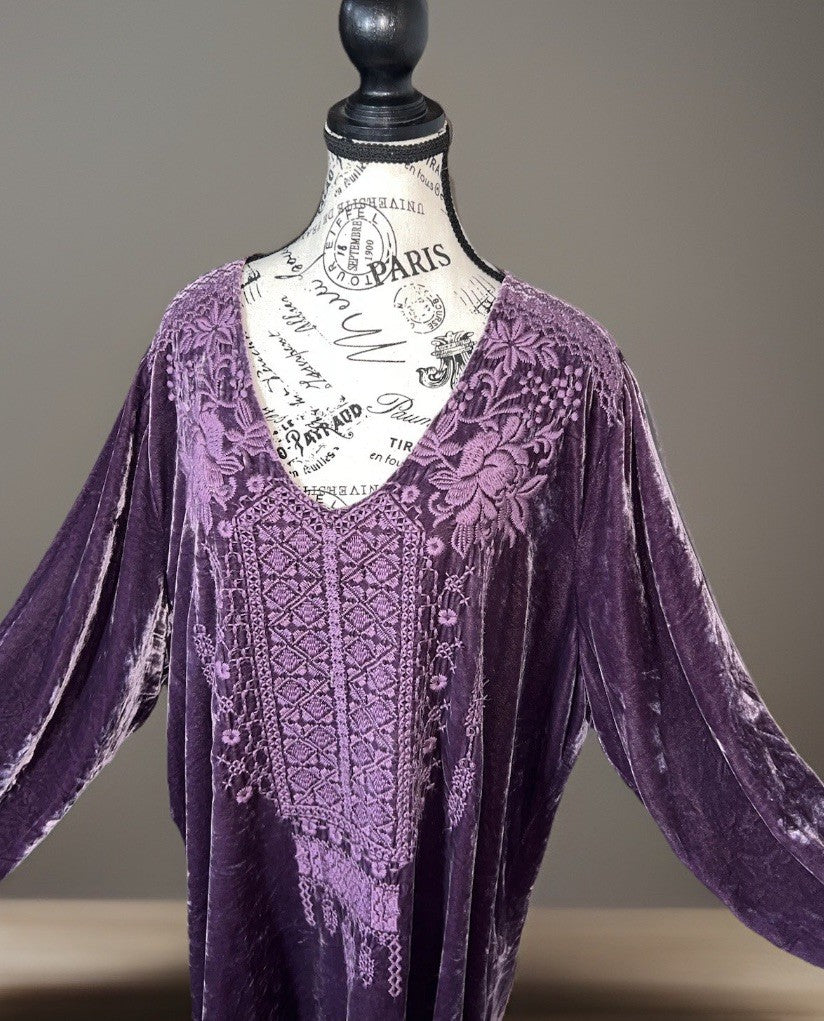 Johnny Was 3X Purple Plum Velvet Tunic Top Mini Dress Tonal Embroidery BOHO Johnny Was