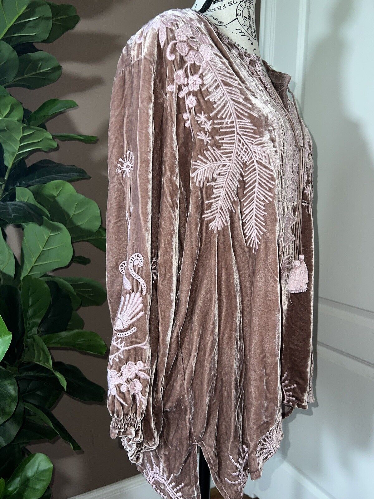 Johnny Was Dusty Rose Pink Velvet Embroidered Tunic Top Peasant Blouse XL 1X