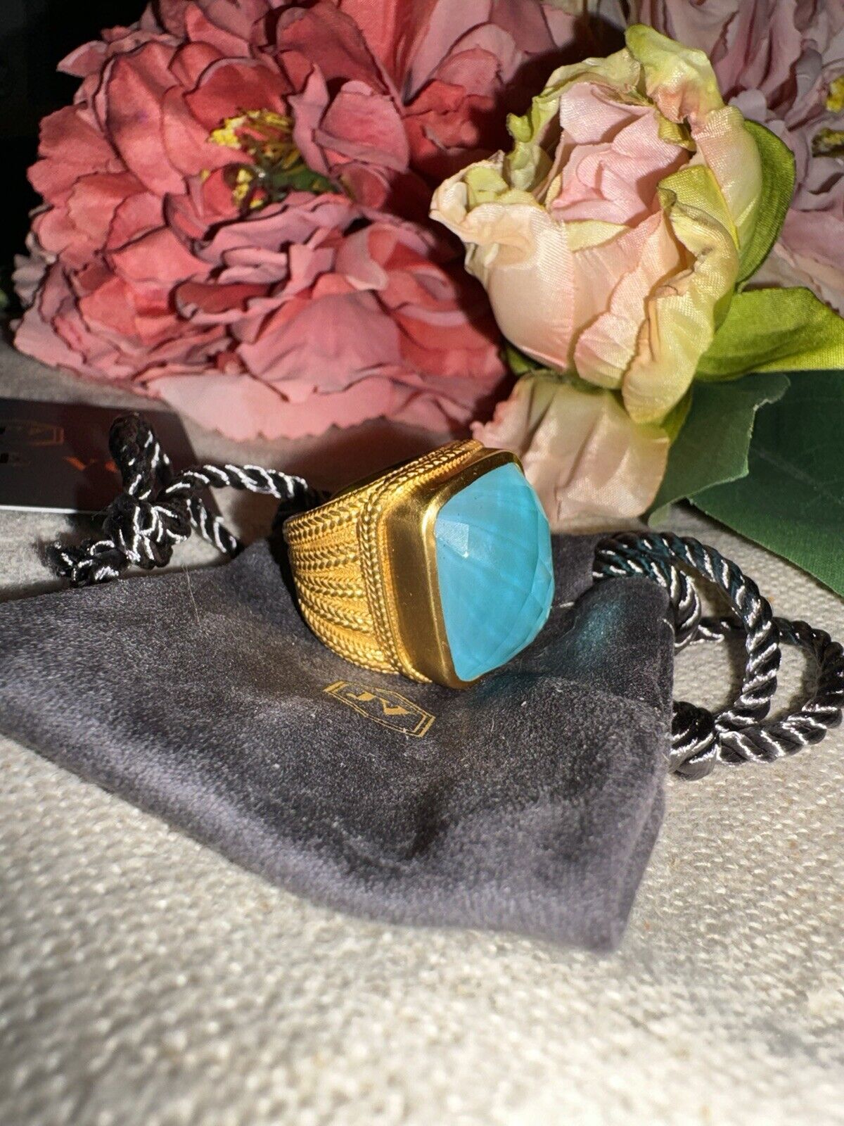 NEW Julie Vos Ring Iridescent Bahamian Blue & 24k Gold Plate Sz 7 ADJUSTABLE NWT