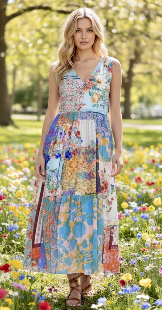 Johnny Was 1XL 1X Maxi Dress Sleeveless Patchwork Floral Pattern Tassel BOHO Johnny Was