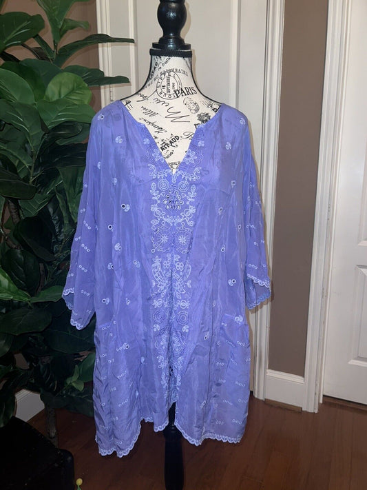 Johnny Was Embroidered Silky Tunic Top Lavender 2X 2XL Beautiful