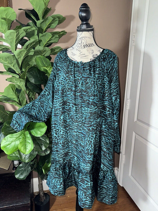 Johnny Was L Large 100% Silk Mini Shift Dress Babydoll Tunic Top Teal Green