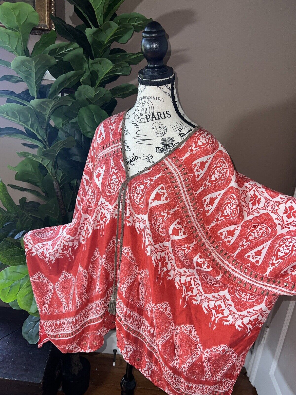 Johnny Was Red O/S 100% Silk Kimono Top Cover Up Leather Tassels & Sequins