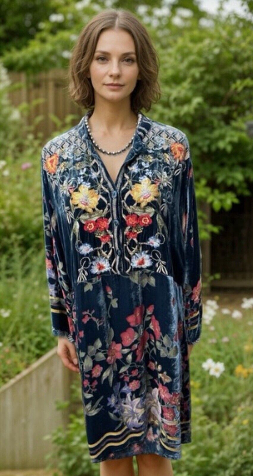 Johnny Was L Large Blue Velvet & Silk Mini Dress Babydoll Floral Burnout