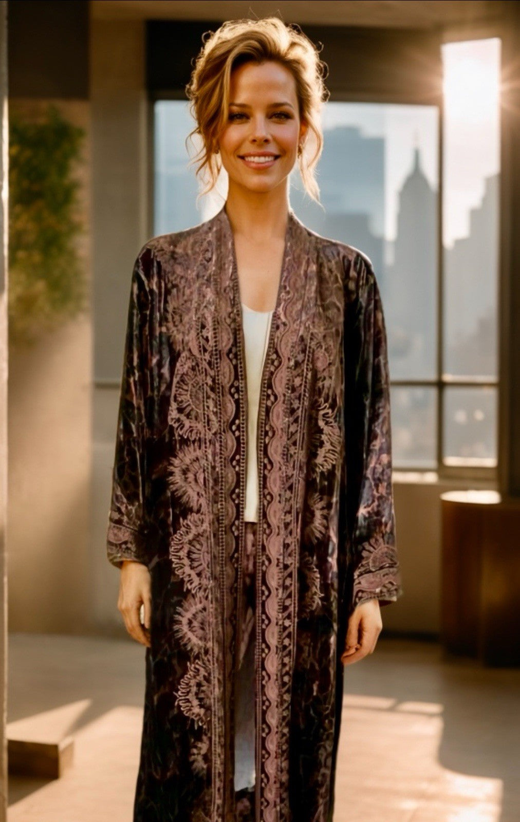 Johnny Was L Large Velvet Long Kimono Duster Wrap Leopard & Lace Jacket Johnny Was